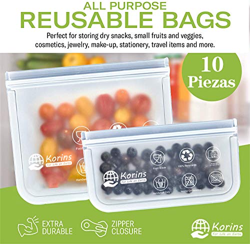 Bolsas de Silicona Reutilizables,10 Piezas Bolsas Congelar Reutilizable,Bolsas Reutilizables para Almacenamiento de Alimentos para Fruta Sándwiches Verduras,1.5mm Súper Grueso Sello Sin BPA (Blanco)