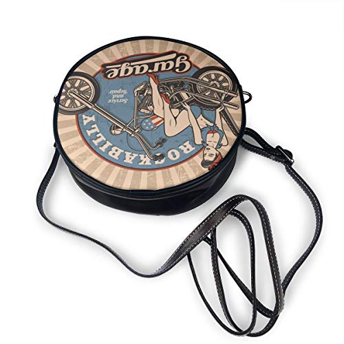 Bolsos de hombro Bolsos redondos para mujer Pin Up Girl On Motorcycle Crossbody Leather Circle Bag