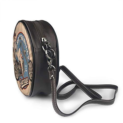 Bolsos de hombro Bolsos redondos para mujer Pin Up Girl On Motorcycle Crossbody Leather Circle Bag