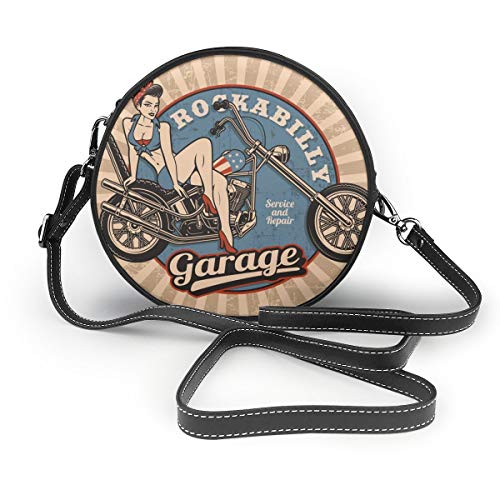 Bolsos de hombro Bolsos redondos para mujer Pin Up Girl On Motorcycle Crossbody Leather Circle Bag
