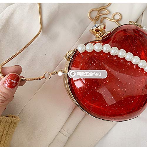 Bolsos Mujer Bolso De Mano De Fiesta para Mujer con Asa De Perla En Forma De Corazón Transparente, Monederos Y Bolsos De Mano, Bandolera con Cadena, Bolso De Hombro Rojo