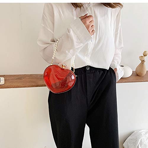 Bolsos Mujer Bolso De Mano De Fiesta para Mujer con Asa De Perla En Forma De Corazón Transparente, Monederos Y Bolsos De Mano, Bandolera con Cadena, Bolso De Hombro Rojo