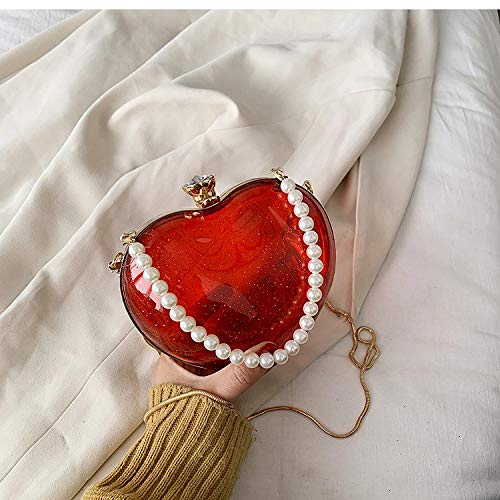 Bolsos Mujer Bolso De Mano De Fiesta para Mujer con Asa De Perla En Forma De Corazón Transparente, Monederos Y Bolsos De Mano, Bandolera con Cadena, Bolso De Hombro Rojo