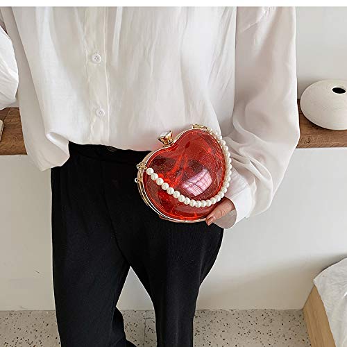 Bolsos Mujer Bolso De Mano De Fiesta para Mujer con Asa De Perla En Forma De Corazón Transparente, Monederos Y Bolsos De Mano, Bandolera con Cadena, Bolso De Hombro Rojo