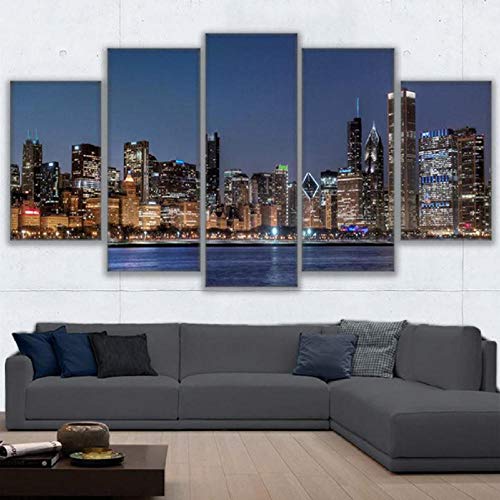 BOMDOW Lienzo Arte De La Pared Fotos HD Impresiones Sala De Estar Decoración 5 Unidades Chicago River Paisaje Urbano Cuadros Marco Nightscape De La Ciudad-30X40Cmx2/30X60Cmx2/30X80Cmx1