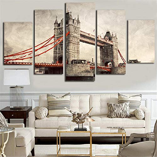 BOMDOW Pinturas sobre Lienzo Decoración para El Hogar Marco 5 Piezas Tower Bridge Imágenes HD Impresiones London River Thames Carteles Sala De Estar Arte De La Pared-20X35Cmx2/20X45Cmx2/20X55Cmx1