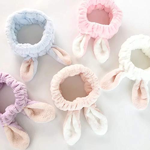 Bonita diadema de orejas de conejo para el pelo, ideal para maquillaje y limpieza facial para niñas y mujeres (morado claro)