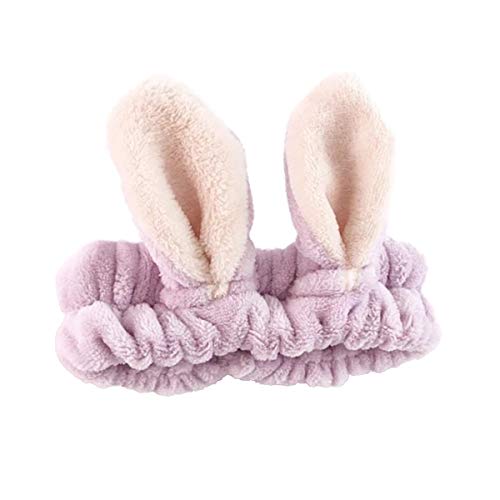 Bonita diadema de orejas de conejo para el pelo, ideal para maquillaje y limpieza facial para niñas y mujeres (morado claro)