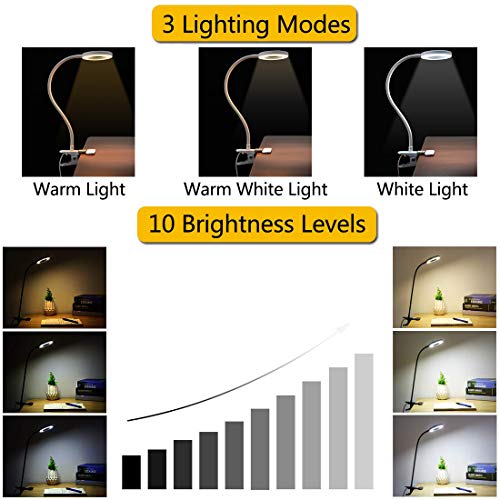 Bonlux 5W USB Portátil Lámpara LED con pinza, Clip LED Luz Lampara de Mesa Lectura Escritorio, Protección para Ojos, 10 Nivel de Brillo Ajustable, 3 Colores de Iluminación, Flexible Regulable (Blanco)