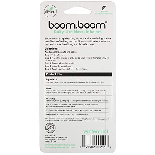 BoomBoom Inhalador nasal de aromaterapia (aumenta el enfoque y mejora la respiración) proporciona una sensación fresca y refrescante con aceites esenciales y mentol Paquete de 3 Wintermint
