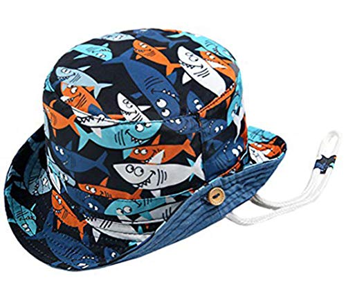 Boomly Bebé Niño Sombrero para el Sol Protector Solar Protección UV Tapa de la Cuenca Sombrero de Pescador Tiburón Impresión Verano Secado rápido Gorra de Visera (Azul, 1.5-3 años)