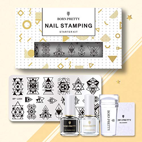 BORN PRETTY Nail Stamping Kit 2 Bottles Stamping Nail Polish Stamping Plates Nail Stamper Scraper-Set 1