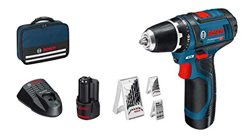 Bosch Professional GSR 12V-15 System - Taladro atornillador, incl. 2 x 2.0 batería + cargador, 39 pcs. juego de accesorios, en bolsa, Amazon Edición, 12 V