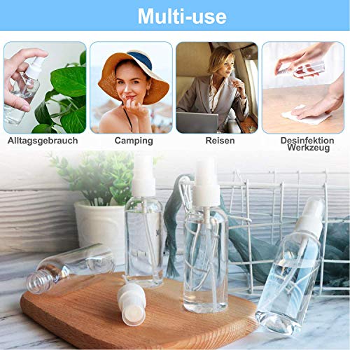 Botellas de spray Vacía Transparente, Botella de Aerosol Viaje, plástico, Bote Spray Pulverizador y 2 Embudos para Maquillaje para Vacaciones, Limpieza, 6 Piezas