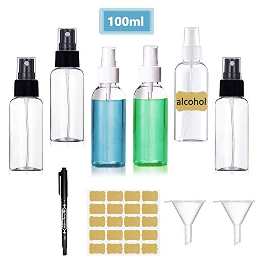 Botellas de spray Vacía Transparente, Botella de Aerosol Viaje, plástico, Bote Spray Pulverizador y 2 Embudos para Maquillaje para Vacaciones, Limpieza, 6 Piezas