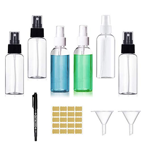 Botellas de spray Vacía Transparente, Botella de Aerosol Viaje, plástico, Bote Spray Pulverizador y 2 Embudos para Maquillaje para Vacaciones, Viajes de Negocios, Maquillaje, Limpieza, 6 Piezas