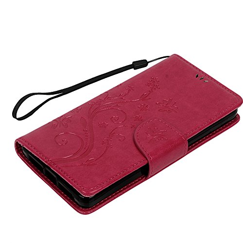 bq Aquaris E5s,bq Aquaris E5 4G LTE Funda Libro de Suave PU Leather Cuero Impresión,Cordel de mano- Mavis's Diary Carcasa Con Flip case cover,Cierre Magnético,Función de Soporte,Billetera con Tapa para Tarjetas-Diseño de Mariposa y flores,rose red