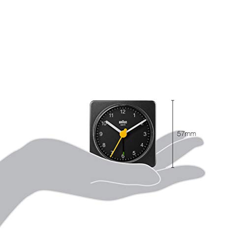 Braun BC-02-B Reloj despertador analógico, pantalla de fácil lectura, alarma creciente, agujas iluminadas, segundero amarillo, movimiento de precisión silencioso