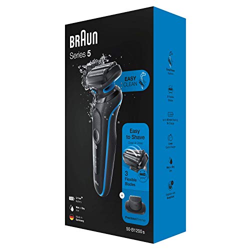 Braun Series 5 50-B1200s - Afeitadora Eléctrica, máquina de afeitar barba hombre de Lámina, con Recortadora de Precisión, Uso en Seco y Mojado, Recargable, Inalámbrica, Azul