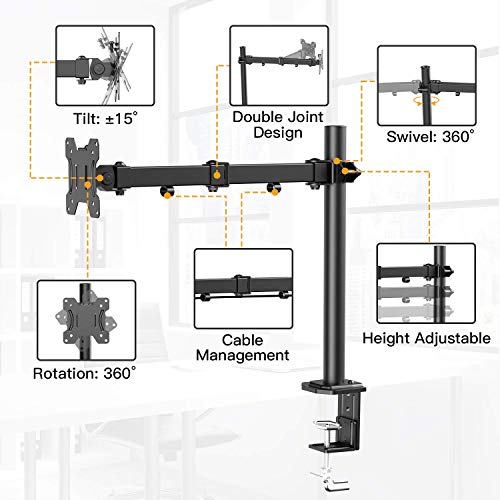 Brazo de Monitor Individual HUANUO, Base de Monitor de Altura Ajustable para Pantallas LCD LED de 13"- 32", 2 Opciones de Montaje, Dimensiones VESA 75/100, Capacidad de Peso de hasta 10 kg