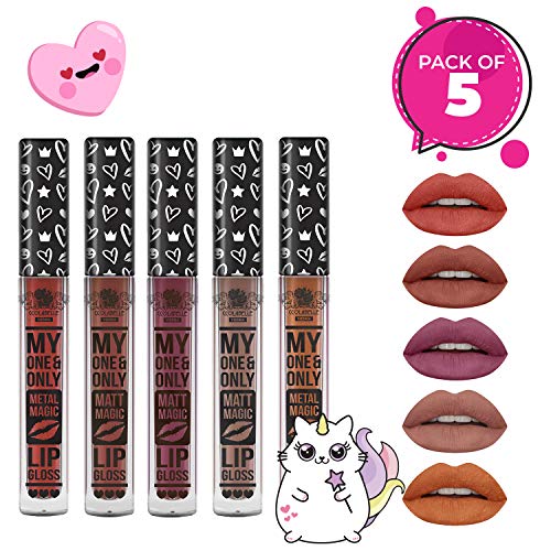 Brillo de labios Conjunto de 5 brillos mate de metal y mate de CCL Beauty Larga duración, Impermeable, Hidratante, Aspecto de terciopelo (5 x 4,5ML)