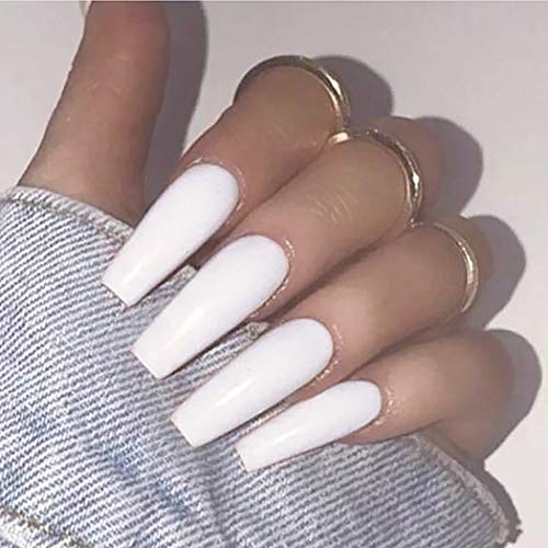 Brishow Uñas postizas largas blanco Stick on Nails Bailarina Cubierta completa Acrílico Uñas postizas falsas para mujeres y niñas