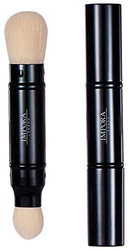 Brocha de maquillaje Kabuki - Brocha doble - Aplica polvos, rubor, maquillaje mineral, base. Estuche de metal con cierre - Perfecto para viajar