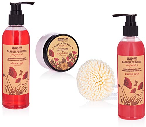 BRUBAKER Cosmetics Set de Baño y Ducha"Garden Flowers" - Fragancia de Flores de adormidera - Set de regalo de 7 piezas en una cesta decorativa rústica