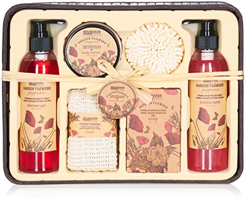 BRUBAKER Cosmetics Set de Baño y Ducha"Garden Flowers" - Fragancia de Flores de adormidera - Set de regalo de 7 piezas en una cesta decorativa rústica