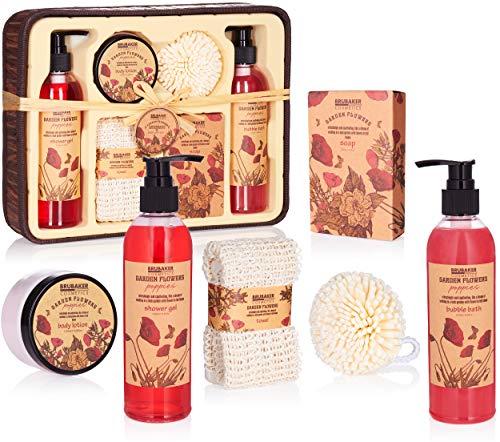 BRUBAKER Cosmetics Set de Baño y Ducha"Garden Flowers" - Fragancia de Flores de adormidera - Set de regalo de 7 piezas en una cesta decorativa rústica