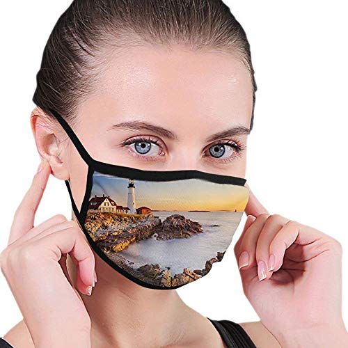 Bufanda de cara de los Estados Unidos Cape Elizabeth Maine River Portland Lighthouse Sunrise USA Coast Scenery azul Tan Boca Escudo de la boca, Bufanda facial, cómoda Unisex Unisex Reusa