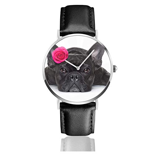 Bulldog francés Perro Valentines Rose On Animals Wildlife Animal Holidays Reloj de Cuarzo Correa de Cuero de Acero Inoxidable Relojes