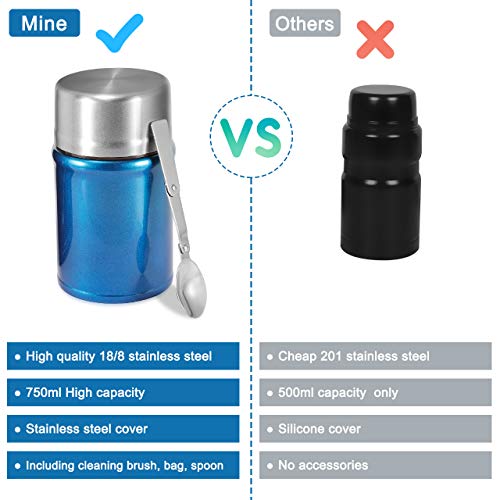 Buluri Termo para Comida 750 ml- Fiambrera Portátil Termo de Acero Inoxidable para Alimentos con Cuchara Plegable, Adecuada para Adultos, Niños y Bebés (Azul)