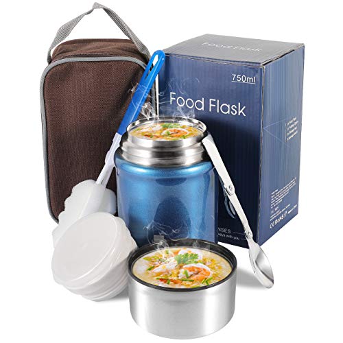 Buluri Termo para Comida 750 ml- Fiambrera Portátil Termo de Acero Inoxidable para Alimentos con Cuchara Plegable, Adecuada para Adultos, Niños y Bebés (Azul)