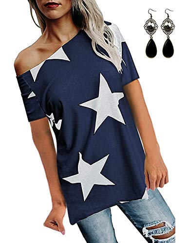 BUOYDM Mujer Camiseta de Fiesta Manga Corta Sin Tirantes Casual T-Shirt para Verano Azul Medium