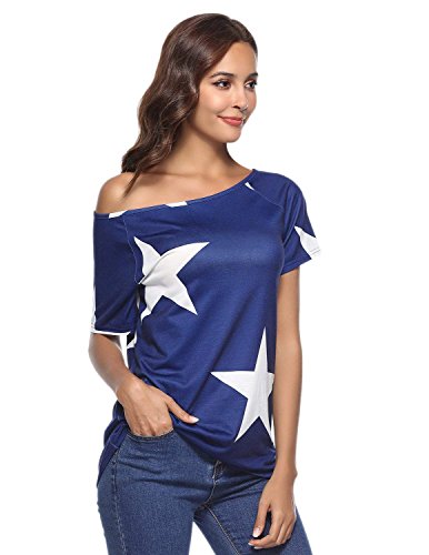 BUOYDM Mujer Camiseta de Fiesta Manga Corta Sin Tirantes Casual T-Shirt para Verano Azul Medium