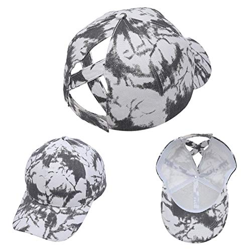 Buyfunny01 Base Cap mujer Criss Cross Ponytail deportes al aire libre extremo de algodón ajustable Tie Dye hion sombrero diario casual portátil de viaje de verano (blanco gris)