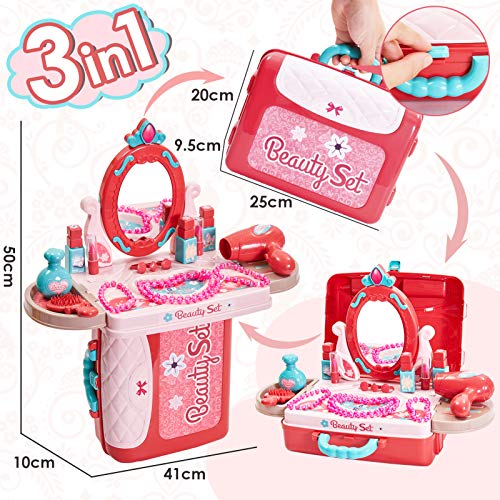 Buyger 3 en 1 Kit Maquillaje Niñas Maletin Belleza Peluqueria Tocador Juguete con Secador de Pelo Joyería Espejo Accesorios