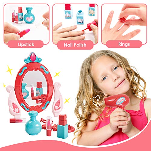 Buyger 3 en 1 Kit Maquillaje Niñas Maletin Belleza Peluqueria Tocador Juguete con Secador de Pelo Joyería Espejo Accesorios