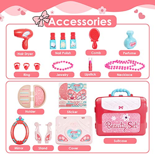 Buyger 3 en 1 Kit Maquillaje Niñas Maletin Belleza Peluqueria Tocador Juguete con Secador de Pelo Joyería Espejo Accesorios
