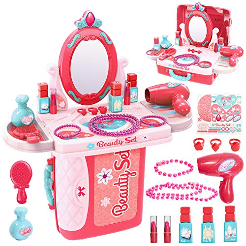 Buyger 3 en 1 Kit Maquillaje Niñas Maletin Belleza Peluqueria Tocador Juguete con Secador de Pelo Joyería Espejo Accesorios