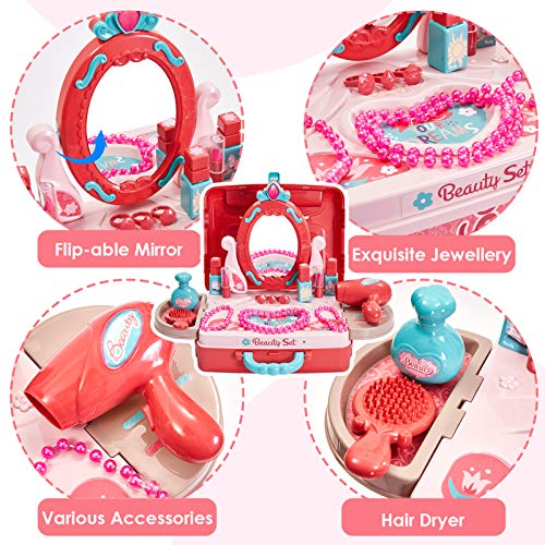 Buyger 3 en 1 Kit Maquillaje Niñas Maletin Belleza Peluqueria Tocador Juguete con Secador de Pelo Joyería Espejo Accesorios