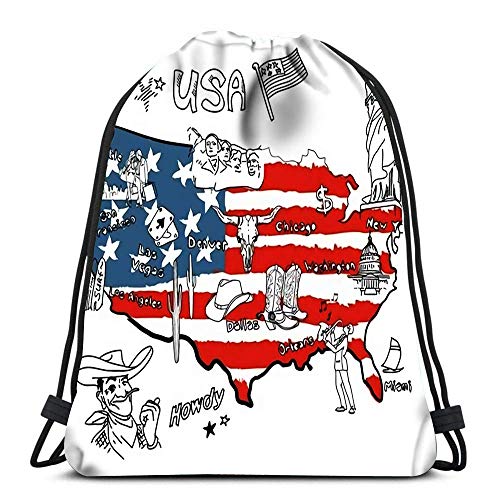 BXBX Mochila con cordón Bolsas Deportivas Cinch Tote Bags Mapa estilizado de América Cosas Que Las Diferentes regiones de EE. UU. Son Famosas por Viajar y almacenar