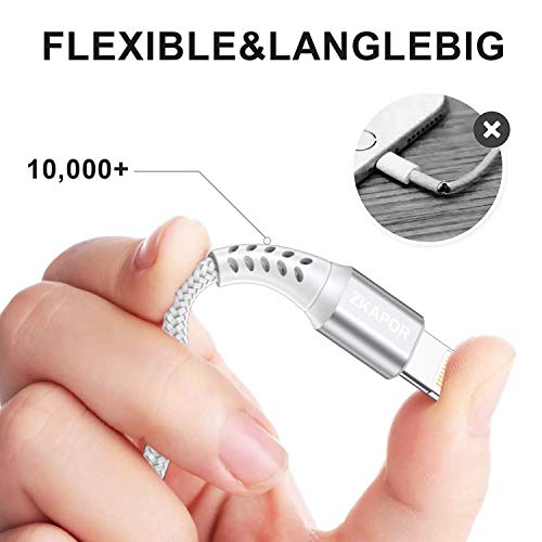 Cable iPhone Cable Lightning [2M 3Pack] Cargador iPhone Carga Rápida Trenzado de Nylon Compatible con Apple iPhone 11 Pro XS MAX XR X 8 Plus 7 Plus 6S 6 Plus 5 5S 5C SE, iPad, iPod - Plata