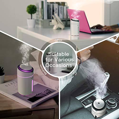 CACAGOO Humidificador Ultrasónico, Coche (Niebla de 2 Niveles, 7 Colores LED, Apagado Automático y Carga USB, Diseñado para Portavasos de Automóviles) Humidificador Ultrasónico Silencioso, Blanco
