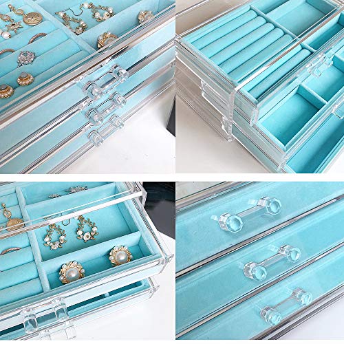 Caja de Organizador de Terciopelo de Joyería Almacenamiento de Acrílico Transparente con 3 Cajones para Aretes Brazalete Brazalete Collar y Anillos Soporte Tiffany Blue para niñas Mujeres