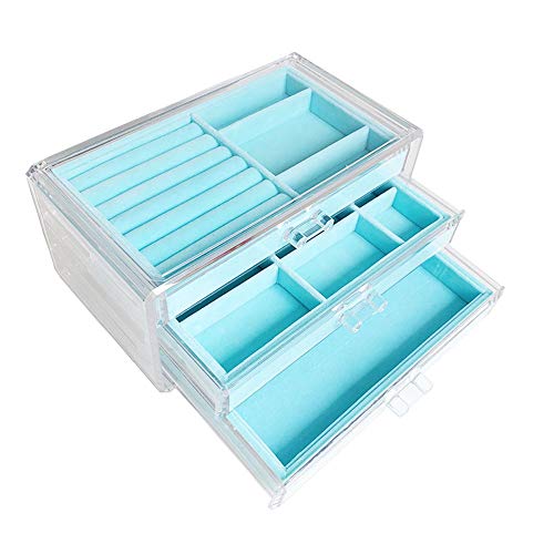 Caja de Organizador de Terciopelo de Joyería Almacenamiento de Acrílico Transparente con 3 Cajones para Aretes Brazalete Brazalete Collar y Anillos Soporte Tiffany Blue para niñas Mujeres