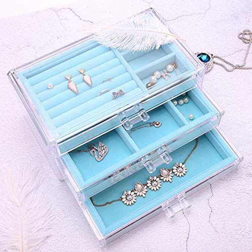 Caja de Organizador de Terciopelo de Joyería Almacenamiento de Acrílico Transparente con 3 Cajones para Aretes Brazalete Brazalete Collar y Anillos Soporte Tiffany Blue para niñas Mujeres