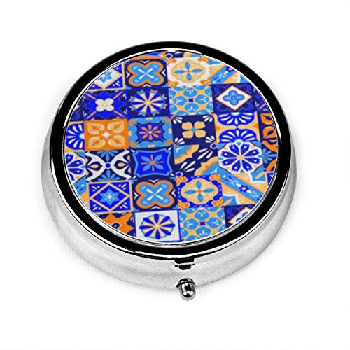 Caja de píldoras redondas con 3 compartimentos Caja de píldoras de viaje Patrón de colores Azulejos de talavera mexicana en cerámica azul naranja blanco amarillo