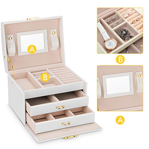 Caja Joyero Caja de Joyas, Cofres para joyas 3 Niveles Jewelry Organizer para Mujer , Organizador de Joyas para Anillos, Aretes, Pendientes, Pulseras y Collares(Blanco)